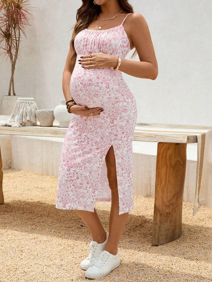 Maternity Dress - Floral Print Side Slit Sleeveless Elegant Vacation Soft Stretch, Summer Holiday