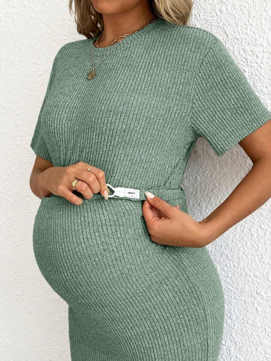 Maternity 2-Piece Set - Round Neck Crop Tee & Split Long Skirt, Apricot