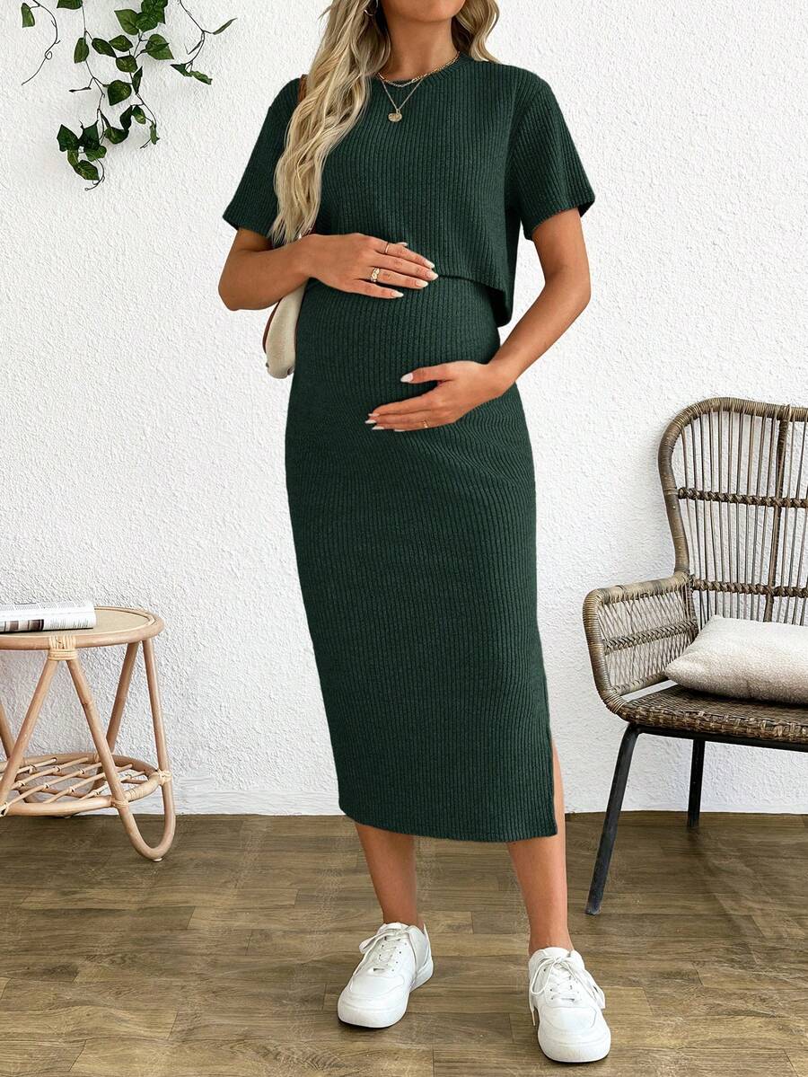 Maternity 2-Piece Set - Round Neck Crop Tee & Split Long Skirt, Apricot