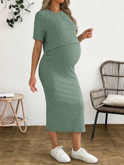 Maternity 2 Piece Set - Solid Color Short Sleeve Top and Skirt Summer Casual, Pregnancy Loungewear