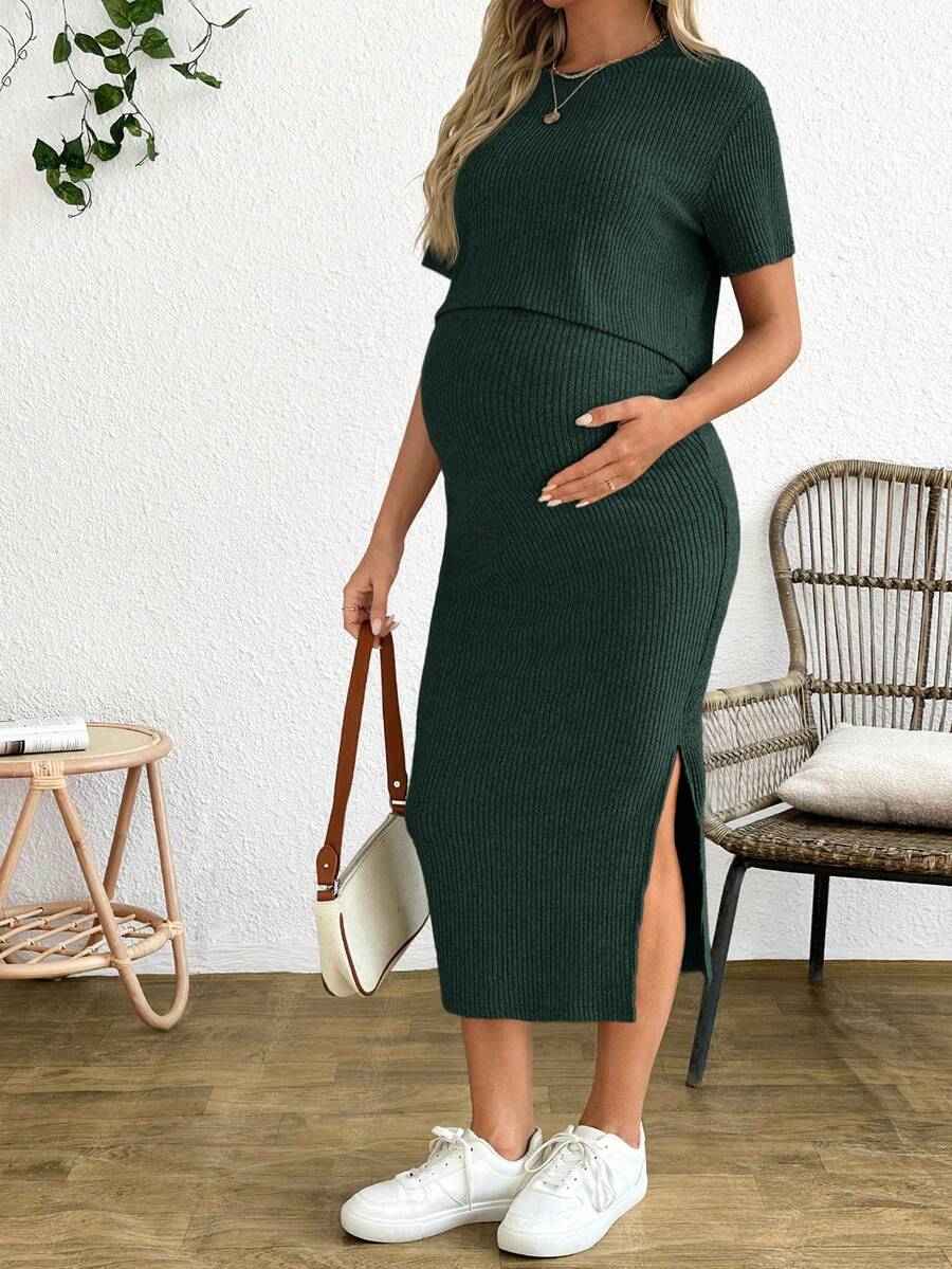 Maternity 2 Piece Set - Solid Color Short Sleeve Top and Skirt Summer Casual, Pregnancy Loungewear