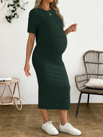 Maternity 2-Piece Set - Round Neck Crop Tee & Split Long Skirt, Apricot
