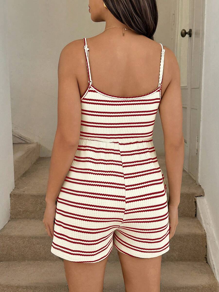 Sleeveless Striped Nursing Maternity Jumpsuit - Spaghetti Strap Contrast Trim Feeding Romper with Bow Detail