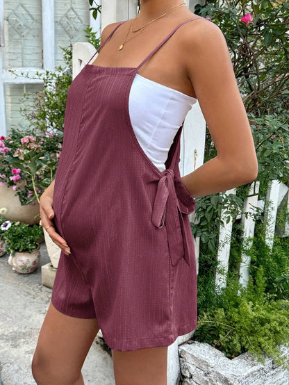 Apricot Spaghetti Strap Maternity Jumpsuit - Casual Sleeveless Knot Front Loose Fit Short Summer Vacation Romper