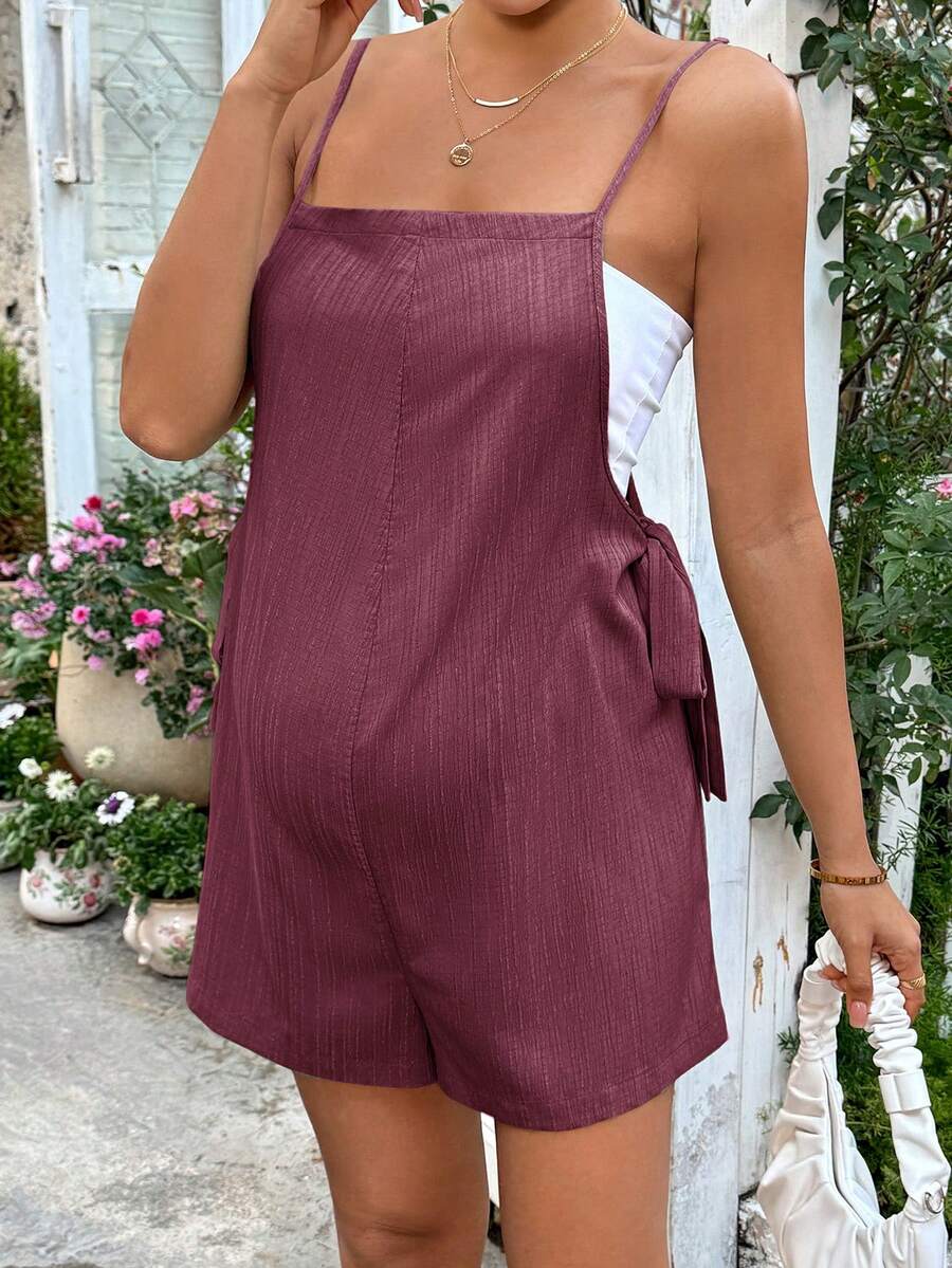 Grey Striped Maternity Romper with Spaghetti Straps and Side Tie Waist - Casual Loose Fit Summer Beach Maternity Jumpsuit