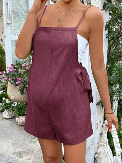 Grey Striped Maternity Romper with Spaghetti Straps and Side Tie Waist - Casual Loose Fit Summer Beach Maternity Jumpsuit