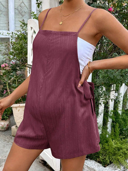 Grey Striped Maternity Romper with Spaghetti Straps and Side Tie Waist - Casual Loose Fit Summer Beach Maternity Jumpsuit
