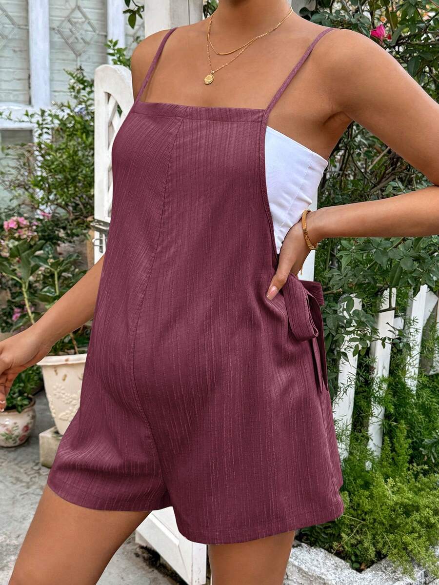 Apricot Spaghetti Strap Maternity Jumpsuit - Casual Sleeveless Knot Front Loose Fit Short Summer Vacation Romper