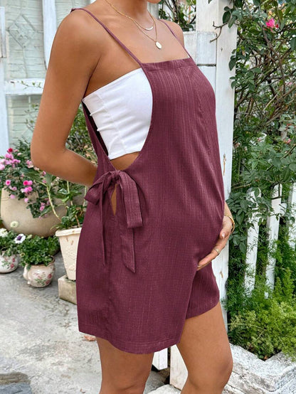 Grey Striped Maternity Romper with Spaghetti Straps and Side Tie Waist - Casual Loose Fit Summer Beach Maternity Jumpsuit