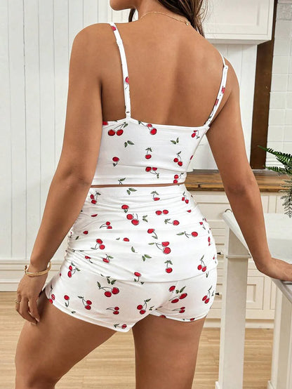 Maternity Contrast Lace Cherry Print Camisole and Ruffle Trim Adjustable Waist Shorts Set - 2 Piece Casual Beachwear