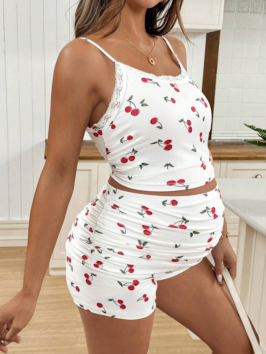 Maternity Contrast Lace Cherry Print Camisole and Ruffle Trim Adjustable Waist Shorts Set - 2 Piece Casual Beachwear