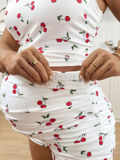 2pcs Maternity Cherry Print Camisole Top And Adjustable Waist Shorts Set World Cup