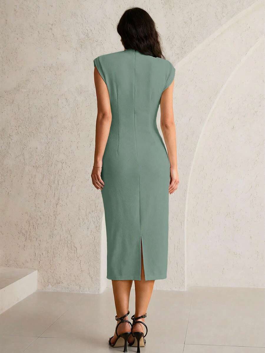 Maternity Ruched Midi Dress - Asymmetrical Hem, High Waist, Cap Sleeve, Black
