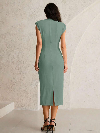 Maternity Ruched Midi Dress - Asymmetrical Hem, High Waist, Cap Sleeve, Black