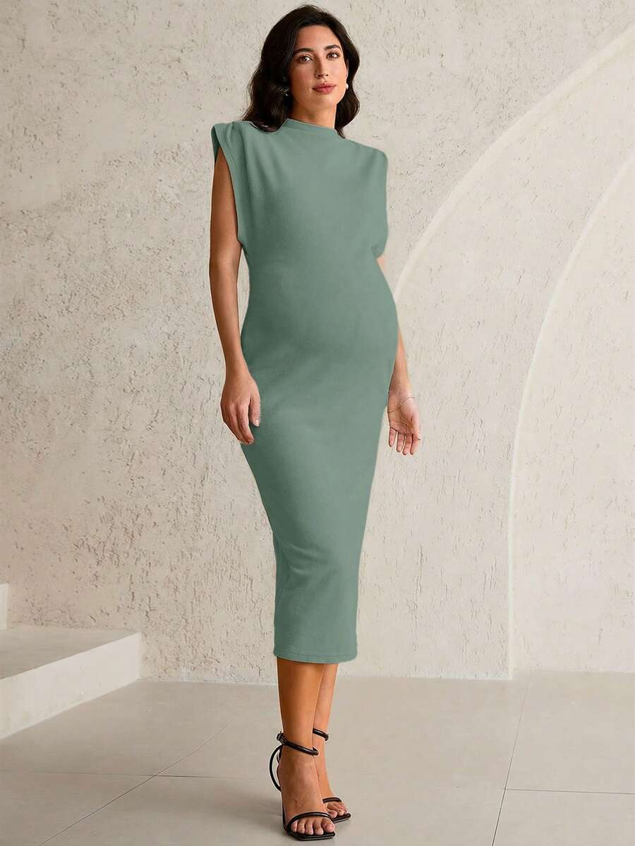 Maternity Ruched Midi Dress - Asymmetrical Hem, High Waist, Cap Sleeve, Black