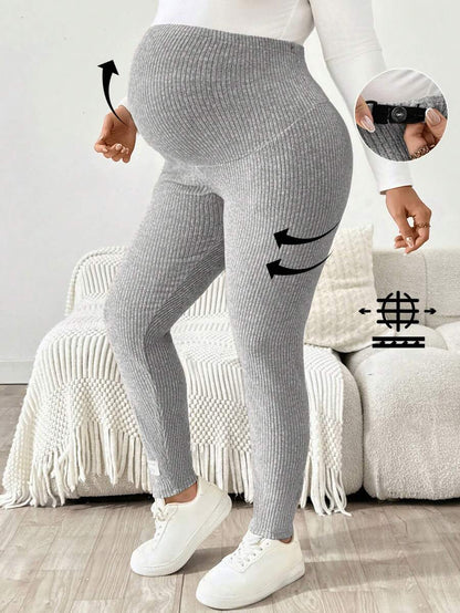 Plus Size Ribbed Knit Ultra High Waist Maternity Leggings - Adjustable Slim Fit Office Pants