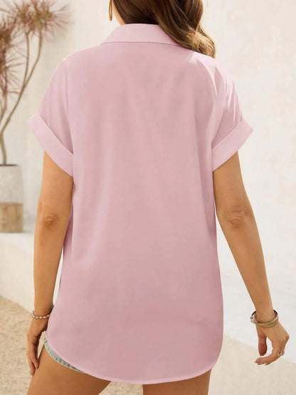 Maternity Baby Blue Button Front Short Sleeve Shirt - Loose Fit Longline Batwing Sleeve Summer Casual Woven Top