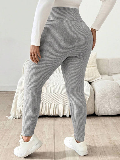 Plus Size Ribbed Knit Ultra High Waist Maternity Leggings - Adjustable Slim Fit Office Pants