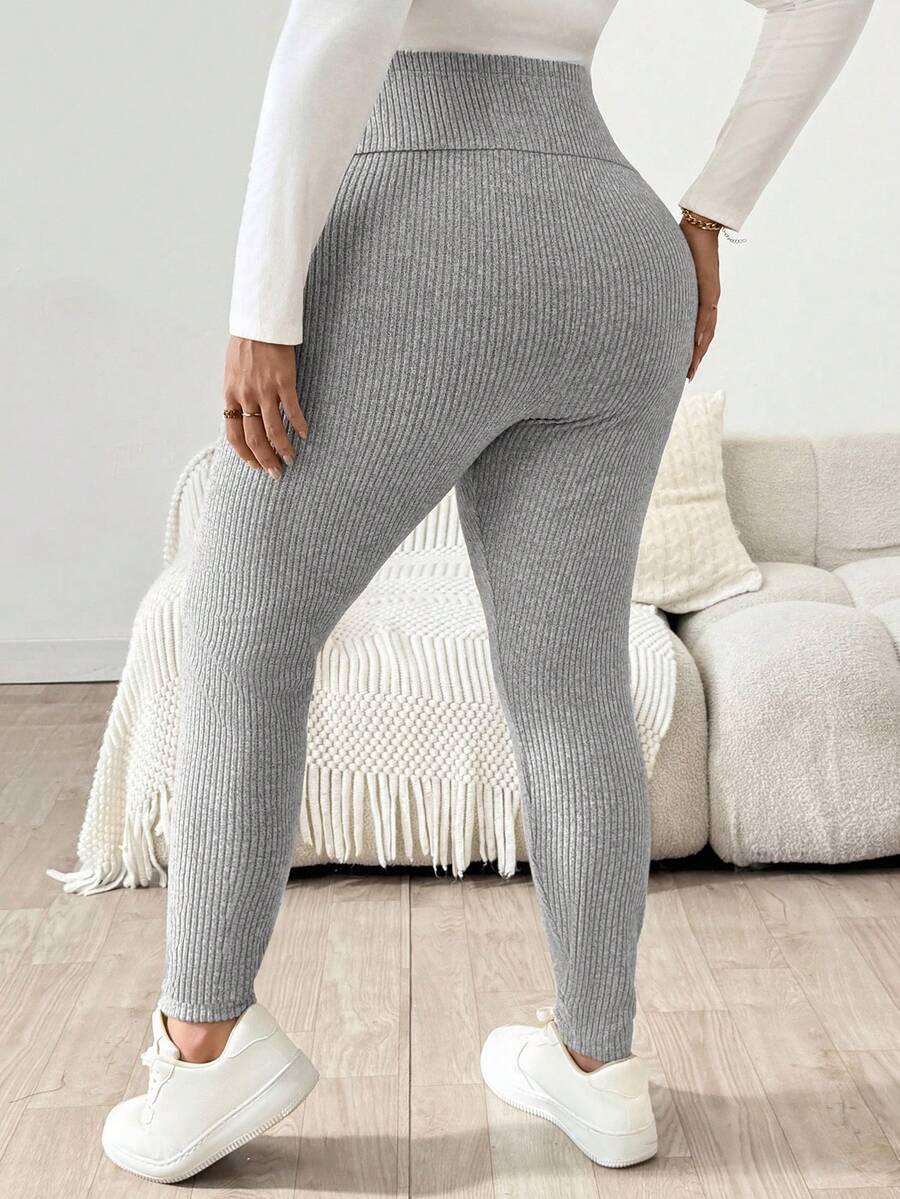 Plus Size Ribbed Knit Ultra High Waist Maternity Leggings - Slim Fit Office Commute Pants