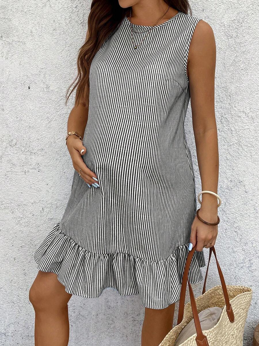 Yellow Cotton Pinstriped Sleeveless Maternity Summer Dress - Cute Round Neck Ruffle Hem Smock Sundress for Vacation and Casual Wear