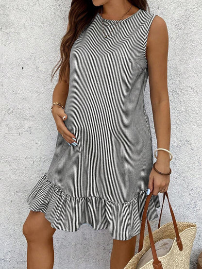 Maternity Casual Striped Ruffle Hem Sleeveless Dress, Cotton Dress For Summer 100 Cotton Dresses  Women Short Dresses Summer Work Summer Dresses Cotton Summer Dress Maternity Summer Dress Summer Maternity Dress Maternity Sundress Cotton Summer Dress
