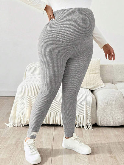 Plus Size Ribbed Knit Ultra High Waist Maternity Leggings - Slim Fit Office Commute Pants
