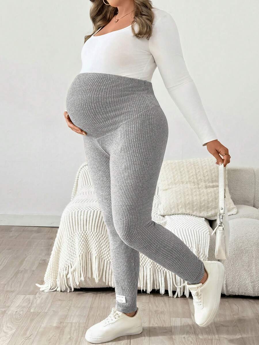 Plus Size Ribbed Knit Ultra High Waist Maternity Leggings - Adjustable Slim Fit Office Pants