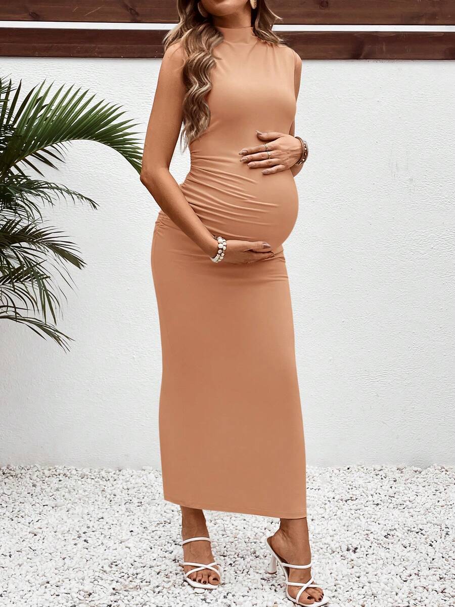 Maternity Casual Stand Collar Fitted Long Dress Elegant High Stretch Sleeveless Ruched Pencil Dress for Daily Wear
