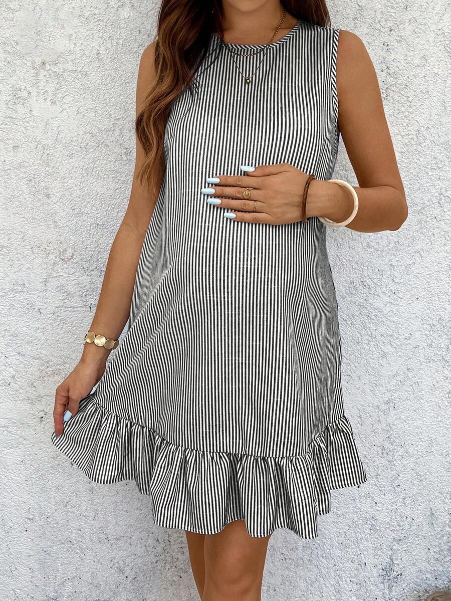 Yellow Cotton Pinstriped Sleeveless Maternity Summer Dress - Cute Round Neck Ruffle Hem Smock Sundress for Vacation and Casual Wear