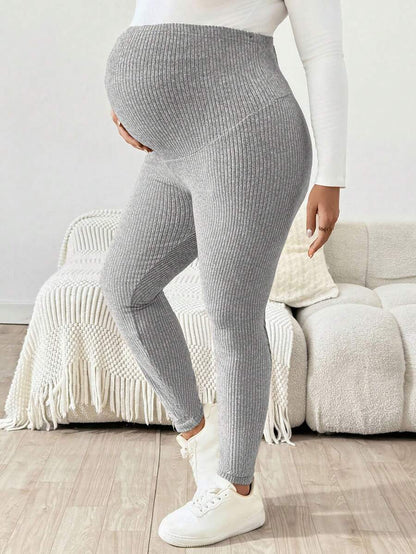 Plus Size Ribbed Knit Ultra High Waist Maternity Leggings - Adjustable Slim Fit Office Pants