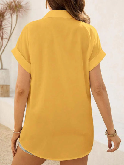 Maternity Baby Blue Button Front Short Sleeve Shirt - Loose Fit Longline Batwing Sleeve Summer Casual Woven Top