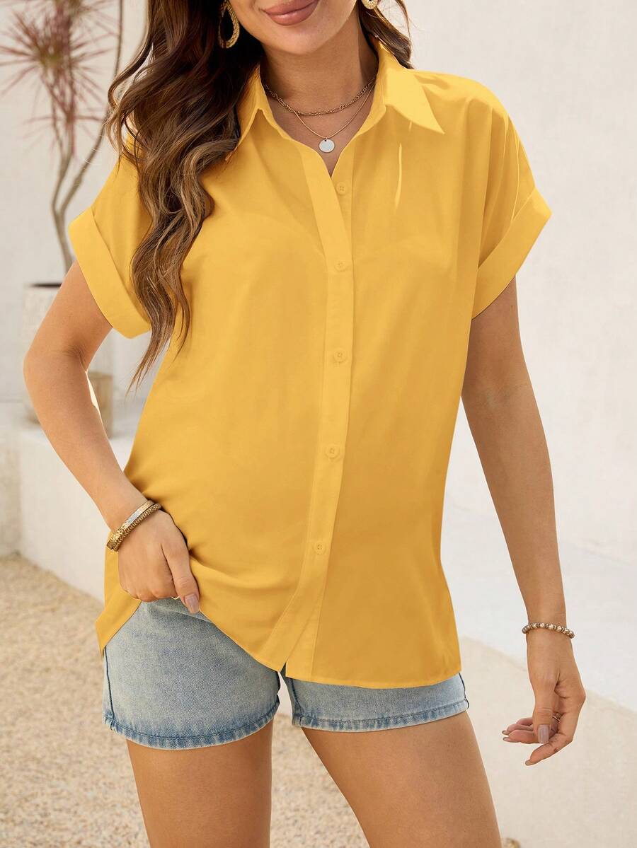 Maternity Batwing Sleeve Button-Up Shirt - Loose Fit Single-Breasted Long Casual Blouse in Solid Color