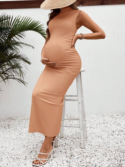 Maternity Casual Stand Collar Fitted Long Dress Elegant High Stretch Sleeveless Ruched Pencil Dress for Daily Wear