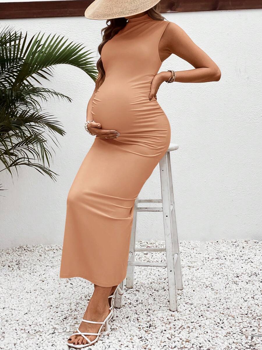 Maternity Stand Collar Sleeveless Maxi Dress - Elegant Ruched Slim Fit Long Dress for Photoshoot & Daily Wear