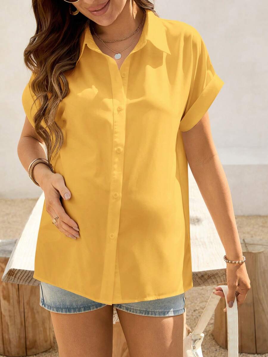 Maternity Baby Blue Button Front Short Sleeve Shirt - Loose Fit Longline Batwing Sleeve Summer Casual Woven Top