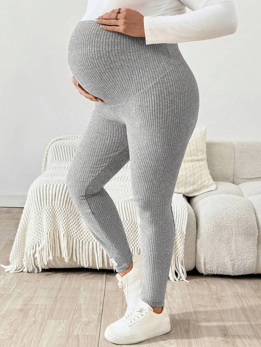 Plus Size Ribbed Knit Ultra High Waist Maternity Leggings - Adjustable Slim Fit Office Pants