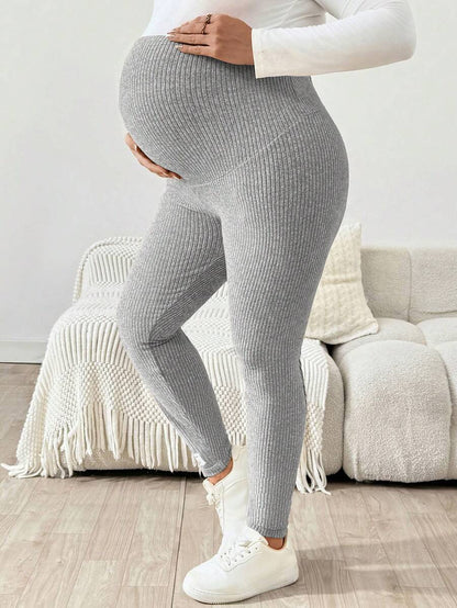 Plus Size Ribbed Knit Ultra High Waist Maternity Leggings - Adjustable Slim Fit Office Pants