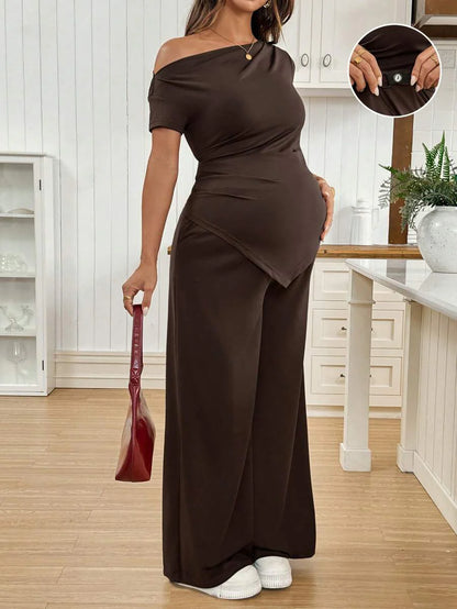 Navy Blue Maternity 2 Piece Set Asymmetric Short Sleeve Tee and Slim Fit Long Pants Elegant Summer Night Out Lounge Outfit