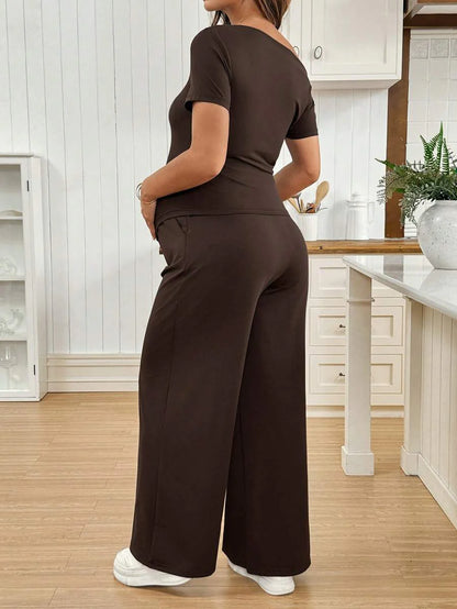 Navy Blue Maternity 2 Piece Set Asymmetric Short Sleeve Tee and Slim Fit Long Pants Elegant Summer Night Out Lounge Outfit