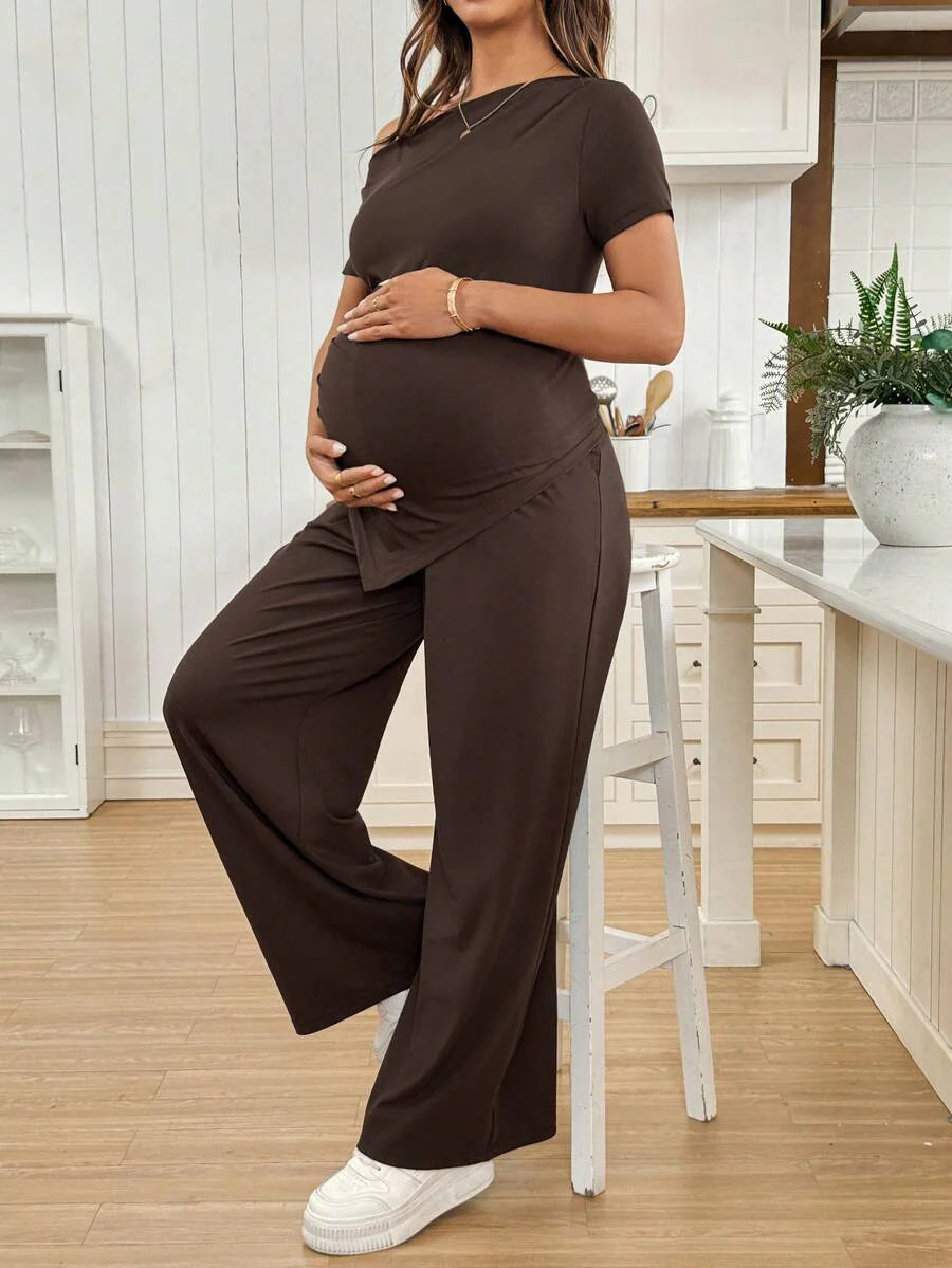 Navy Blue Maternity 2 Piece Set Asymmetric Short Sleeve Tee and Slim Fit Long Pants Elegant Summer Night Out Lounge Outfit