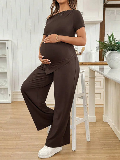 Navy Blue Maternity 2 Piece Set Asymmetric Short Sleeve Tee and Slim Fit Long Pants Elegant Summer Night Out Lounge Outfit
