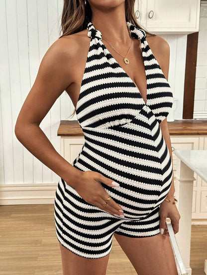 Striped Maternity Jumpsuit Halter Neck Sleeveless Bow Back High Waist Skinny Fit Knit Romper in Apricot for Date Night