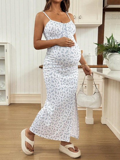 Maternity Dress - Full Print Ruched Slit Sleeveless Casual Vacation Soft Stretch, Summer