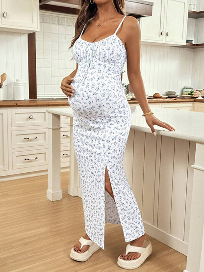 Maternity Dress - Full Print Ruched Slit Sleeveless Casual Vacation Soft Stretch, Summer