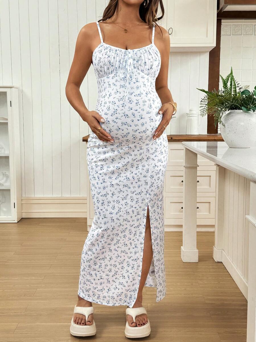 Maternity Dress - Full Print Ruched Slit Sleeveless Casual Vacation Soft Stretch, Summer