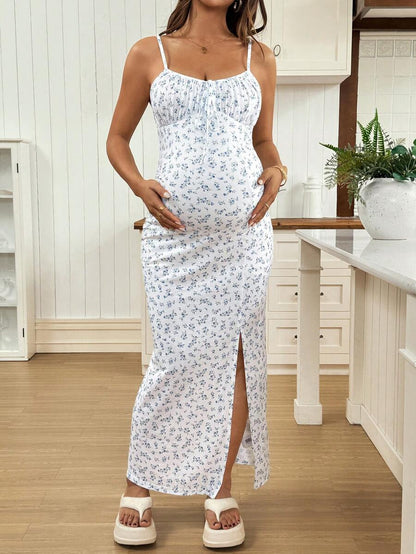 Maternity Dress - Full Print Ruched Slit Sleeveless Casual Vacation Soft Stretch, Summer