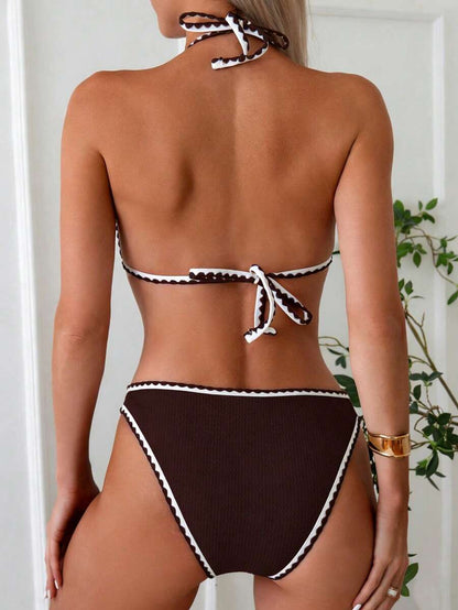 Women's Whip Stitch Halter Triangle Bikini Set - Backless, High Waist, Colorblock, White