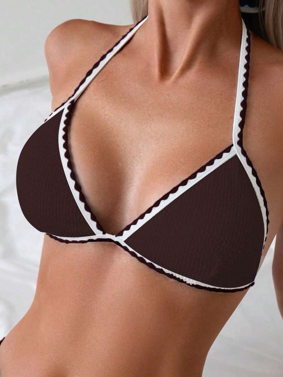 Women's Whip Stitch Halter Triangle Bikini Set - Backless, High Waist, Colorblock, White