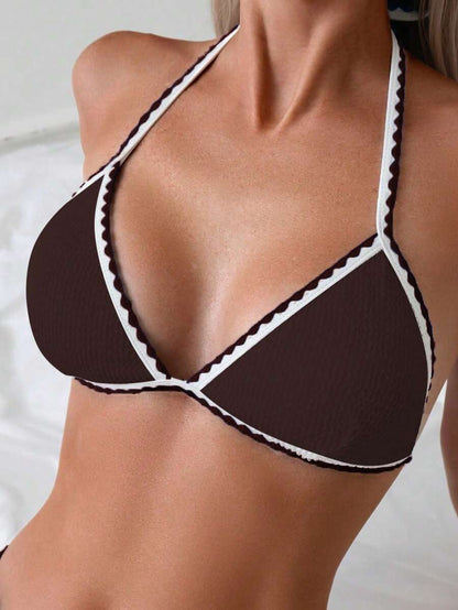 Women's Whip Stitch Halter Triangle Bikini Set - Backless, High Waist, Colorblock, White