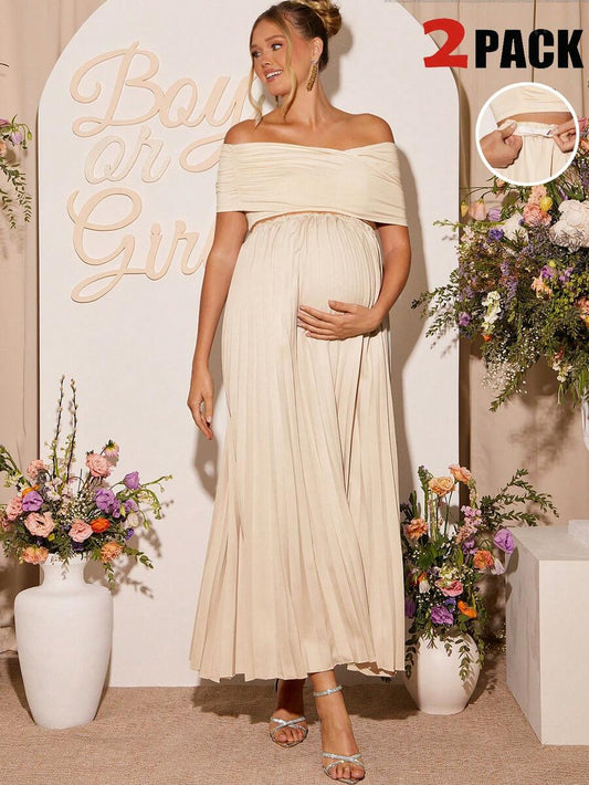 Maternity 2 Piece Set Off Shoulder Short Sleeve Top and Long Skirt Khaki for Baby Shower and Photoshoot